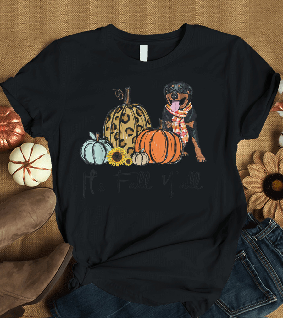 Its Fall Yall Rottweiler Dog with Leopard and Orange Pumpkins T-Shirt
