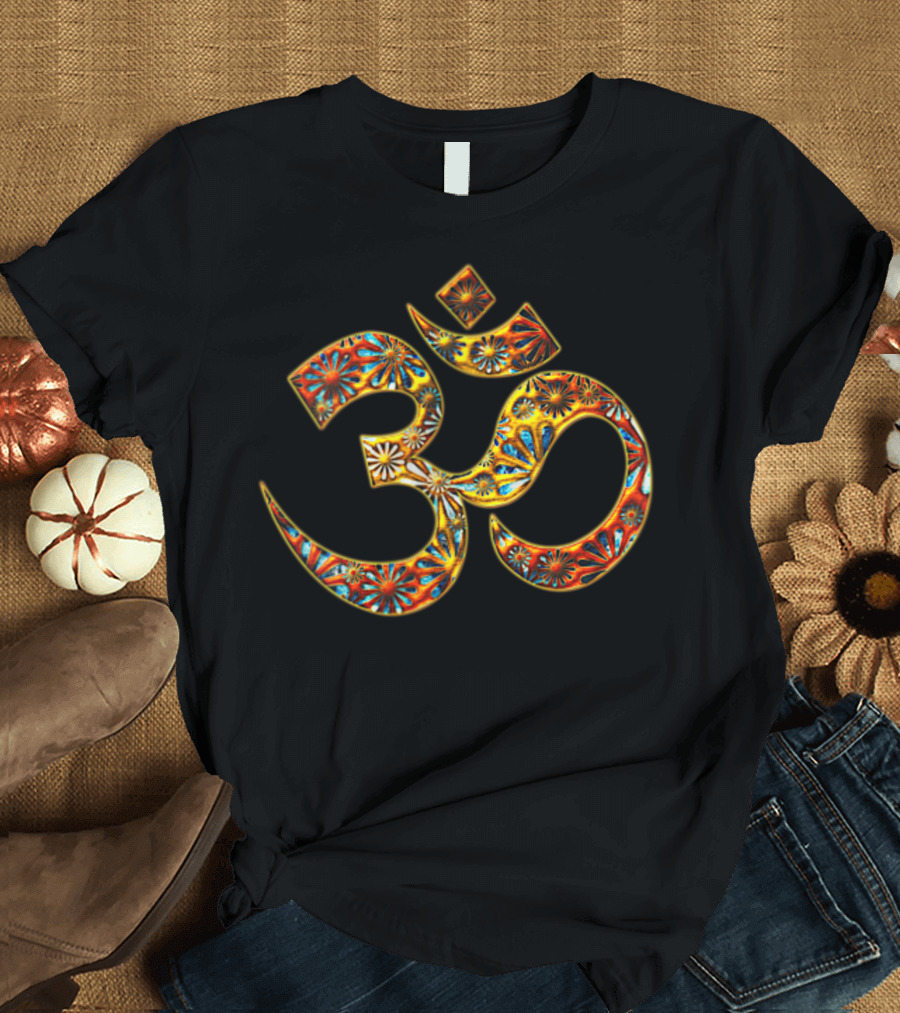 Om Mantra Symbol with Colorful Flower Patterns Buddhism Yoga T-Shirt