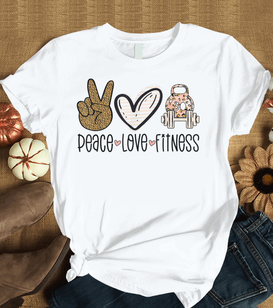 Peace Love Fitness Leopard Print Gym Lover Workout Kettlebell Barbell T-Shirt