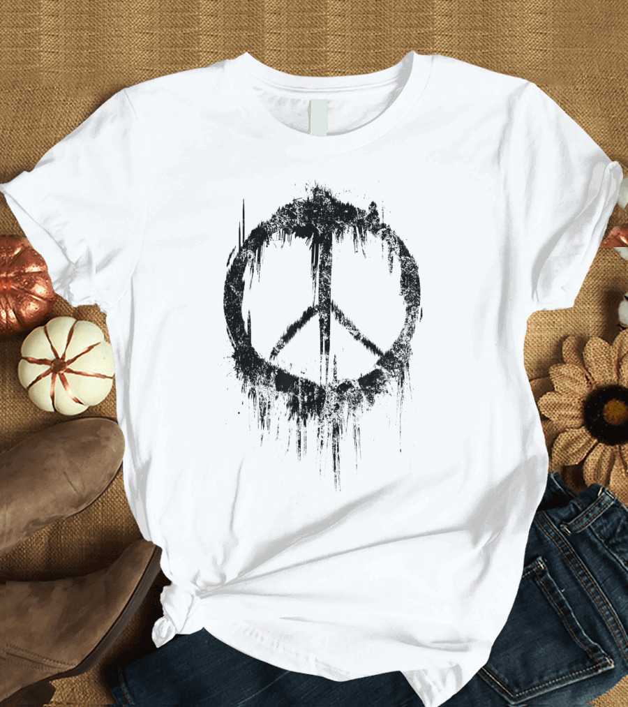 Peace Sign Drip 60s 70s Hippie Style White Paint T-Shirt