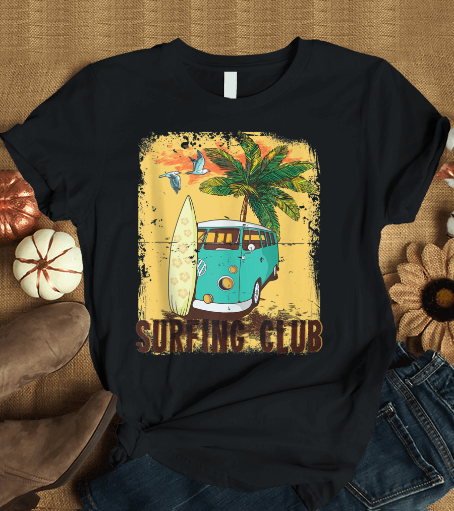 Surfing Club Summer Beach Hippie Van Bus Surfboard Palm Tree T-Shirt