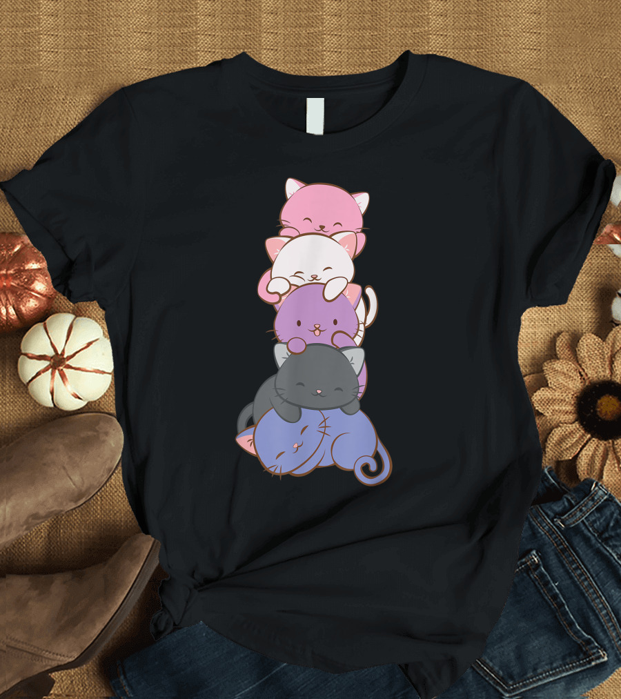 Genderfluid Pride Kawaii Cat Stack T-Shirt