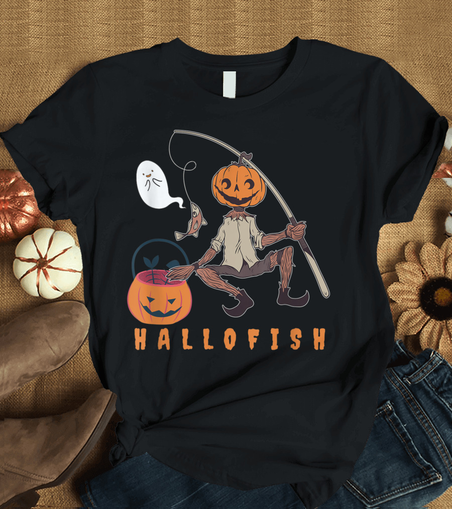 Halloween Pumpkin Head Angler Fishing with Ghost and HalloFish Basket T-Shirt