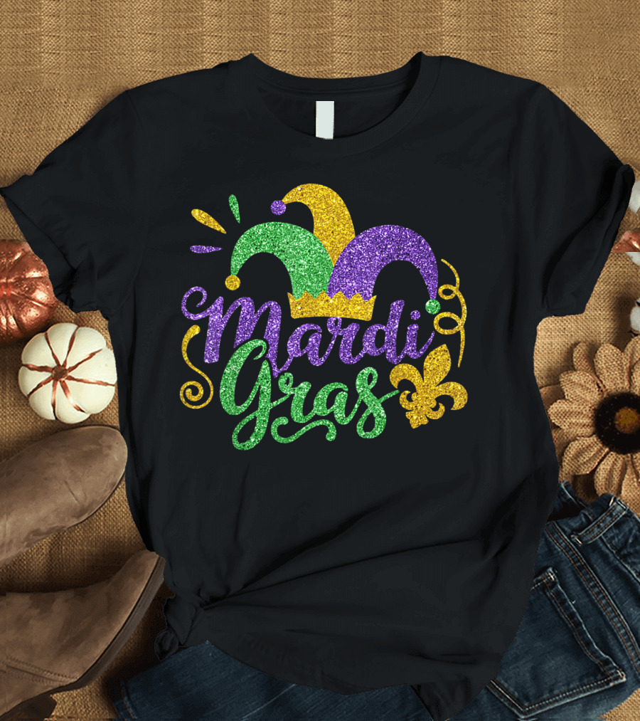 Mardi Gras Jester Hat with Glitter and Fleur-de-Lis T-Shirt