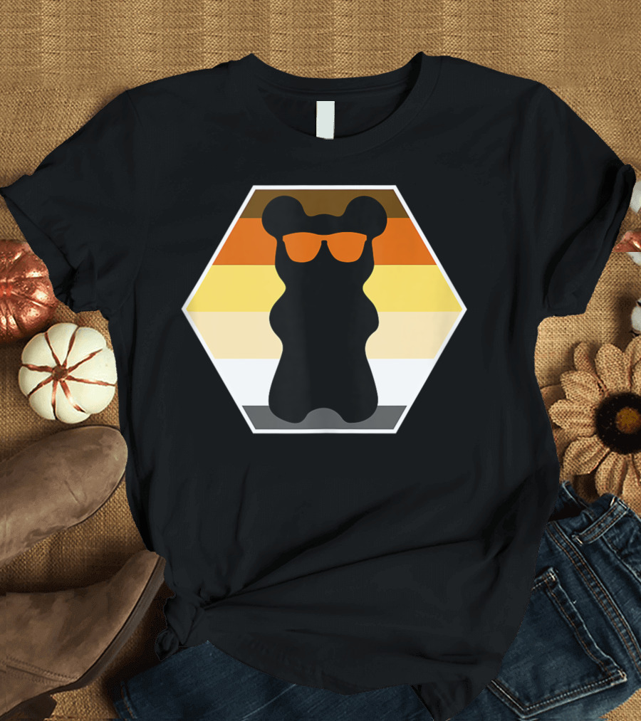 Rainbow Sunglasses Bear on Pride Hexagon Stripes T-Shirt