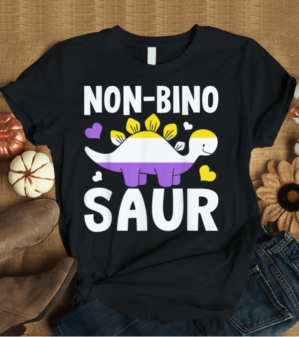 T-Shirt: Non Bino Saur Agender Non Binary Dinosaur with Non-Binary Flag Colors T-Shirt Non Bino Saur Agender Non Binary Dinosaur with Non-Binary Flag Colors T-Shirt
