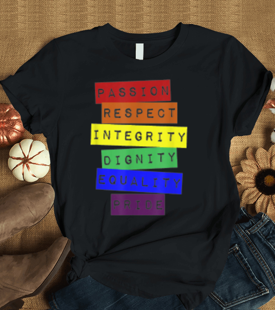 Passion Respect Integrity Dignity Equality Pride Rainbow Stripes T-Shirt