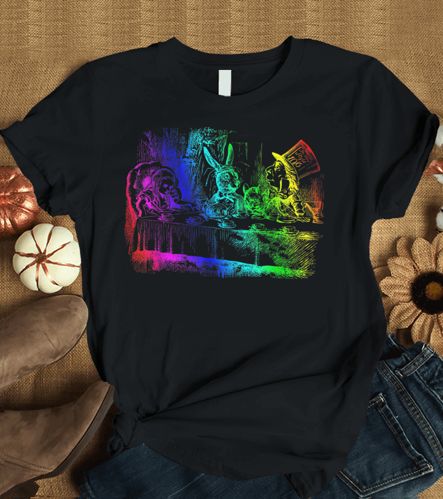 Rainbow Mad Hatter Tea Party in Wonderland Scene T-Shirt