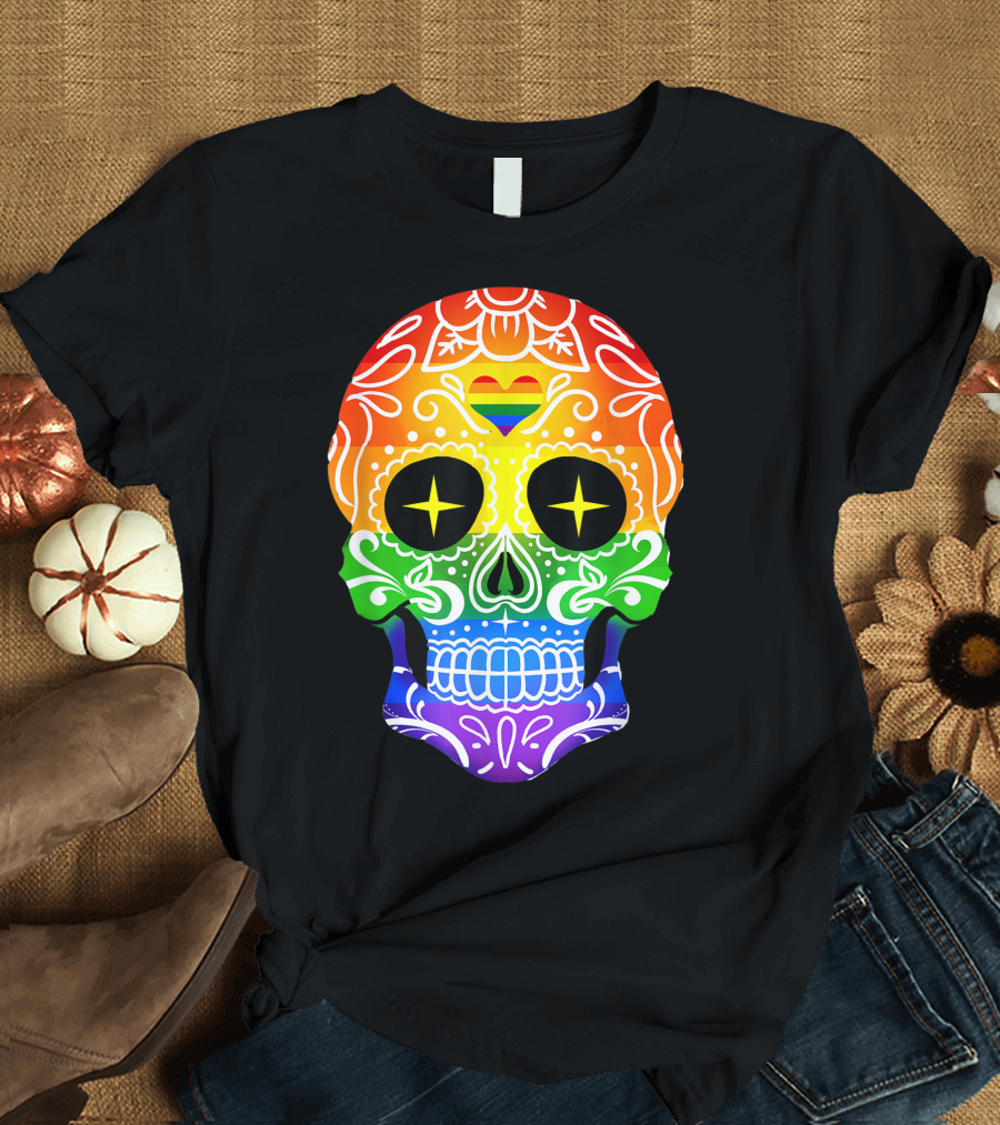 Rainbow Sugar Skull With Heart Día de los Muertos T-Shirt