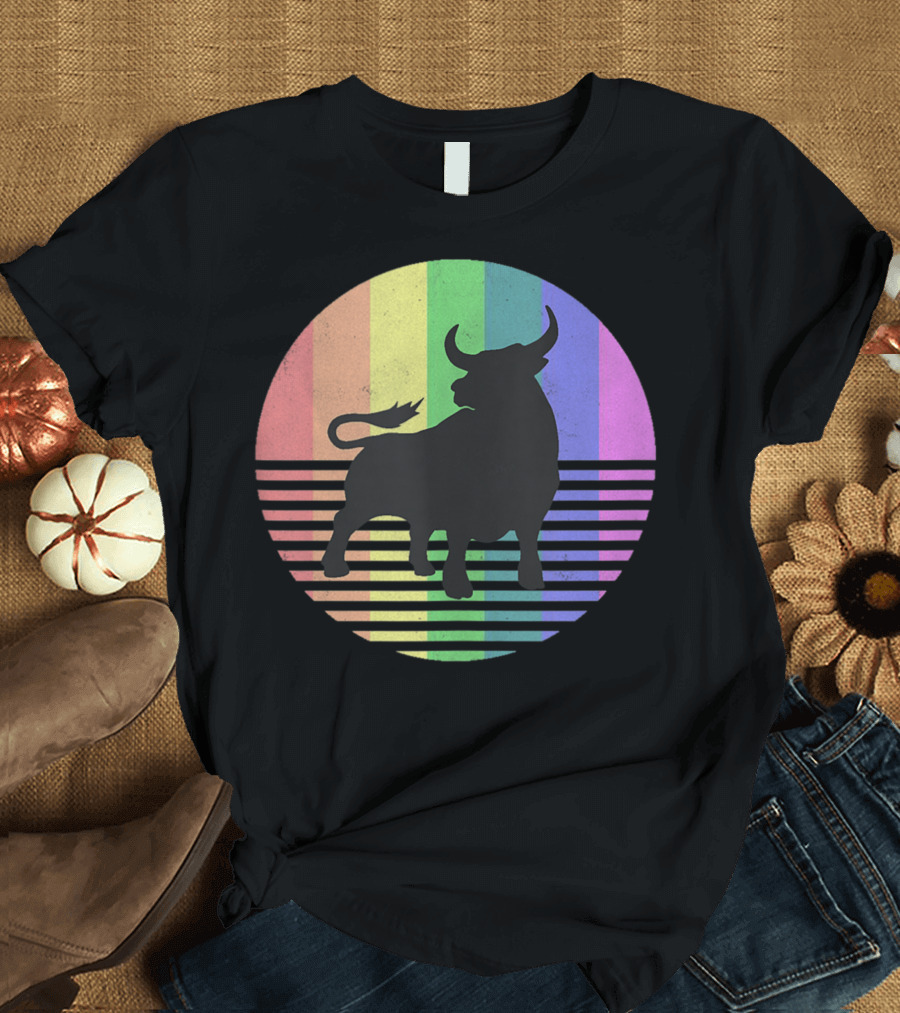 Retro Bull Silhouette with Rainbow Flag Background for Gay Pride T-Shirt