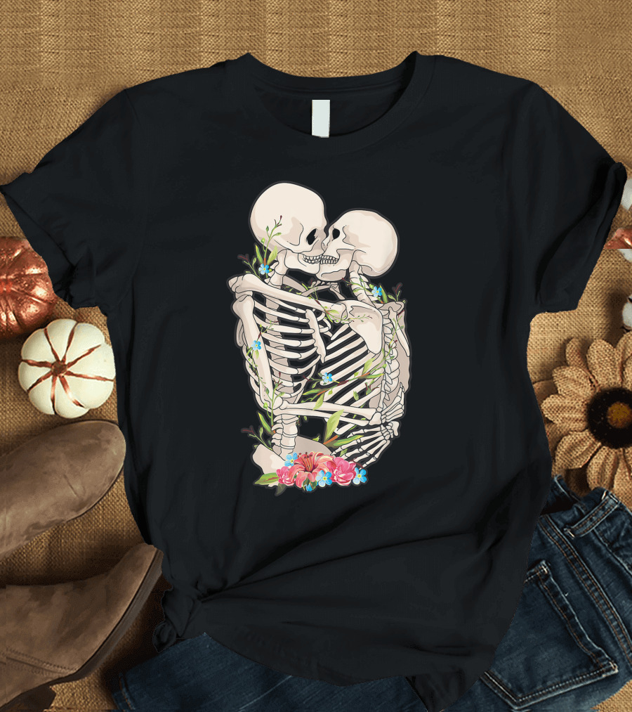 Scary Kissing Skeletons with Flowers and Vines T-Shirt