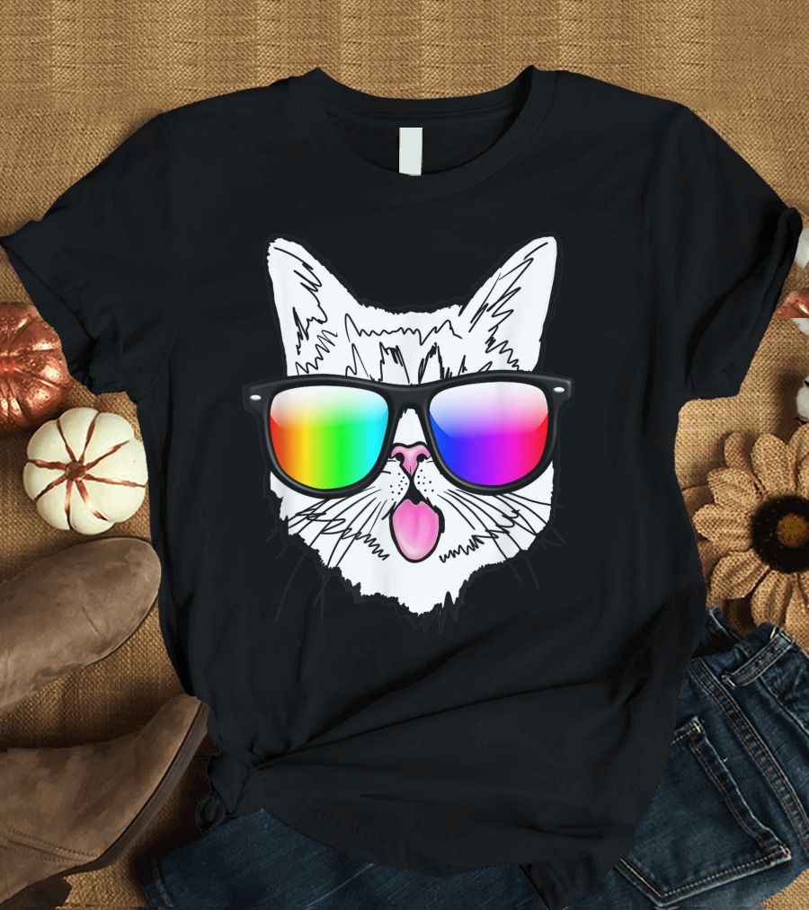 Silly Cute Cat Face Tongue Out Sunglasses Rainbow T-Shirt