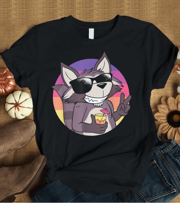 T-Shirt: Vintage 80s Cool Raccoon With Shades and Cocktail T-Shirt Vintage 80s Cool Raccoon With Shades and Cocktail T-Shirt