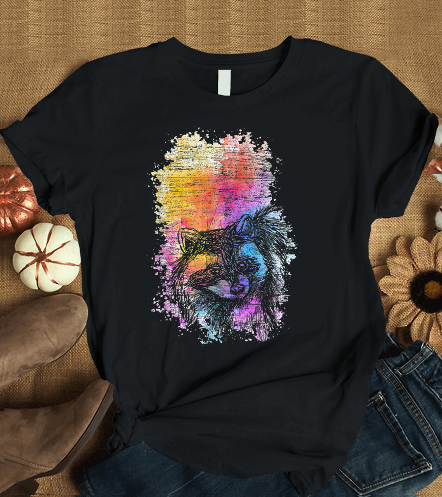 Raccoon Colorful Animal Art with Vibrant Rainbow Background T-Shirt