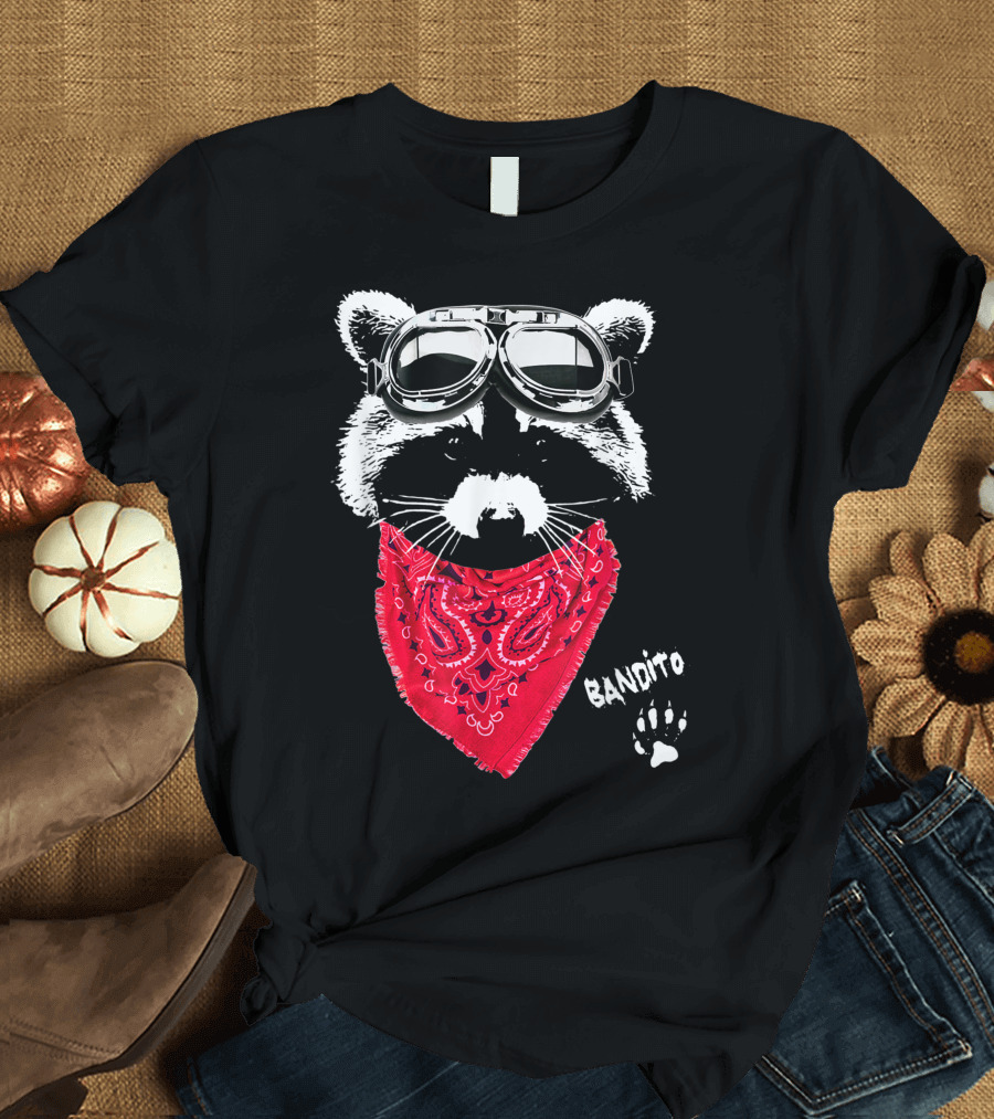 Bandito Raccoon with Goggles and Red Scarf T-Shirt