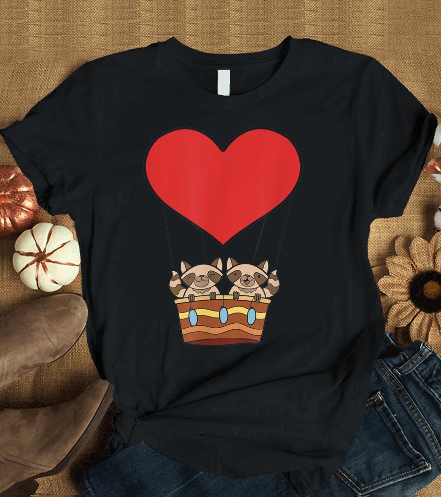 Cute Love Raccoons Heart Air Balloon Valentines Day T-Shirt