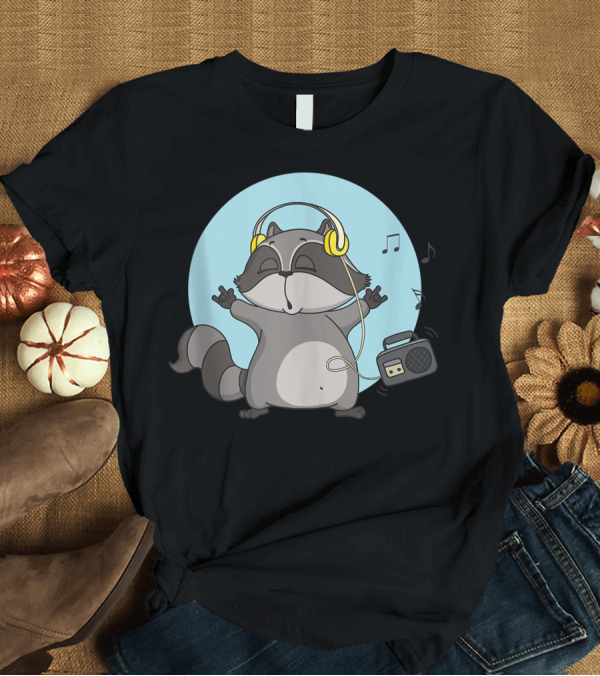 T-Shirt: Cute Music Loving Raccoon with Headphones and Boombox T-Shirt Cute Music Loving Raccoon with Headphones and Boombox T-Shirt