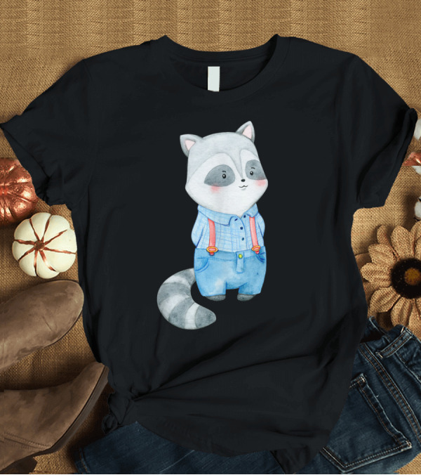 T-Shirt: Cute Raccoon in Blue Overalls with Red Suspenders T-Shirt Cute Raccoon in Blue Overalls with Red Suspenders T-Shirt