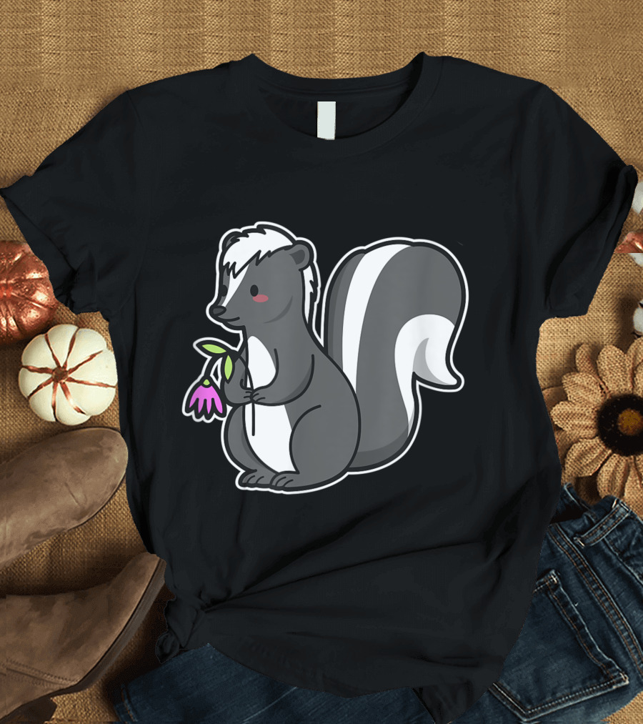 Cute Skunk Motif Holding Flower for Skunk Fans T-Shirt