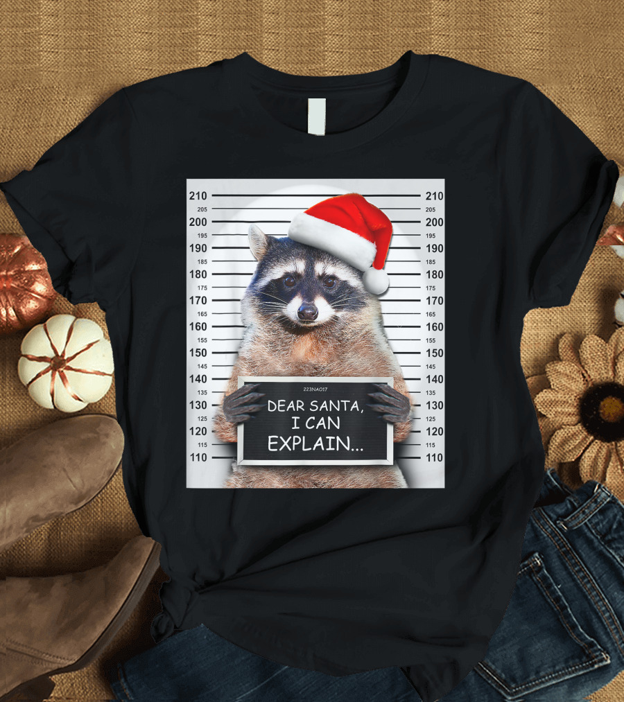 Dear Santa I Can Explain Christmas Raccoon Mugshot Santa Hat T-Shirt