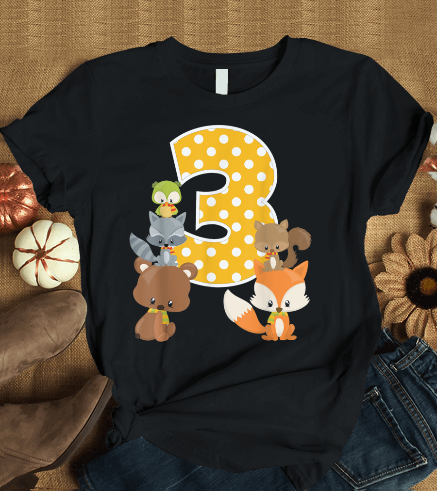 Fall Season Woodland Animals 3rd Birthday Party with Cute Forest Friends T-Shirt