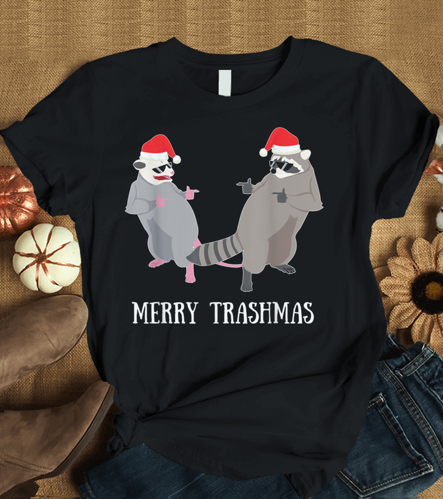 Merry Trashmas Garbage Gang Opossum and Raccoon Santa Claus T-Shirt
