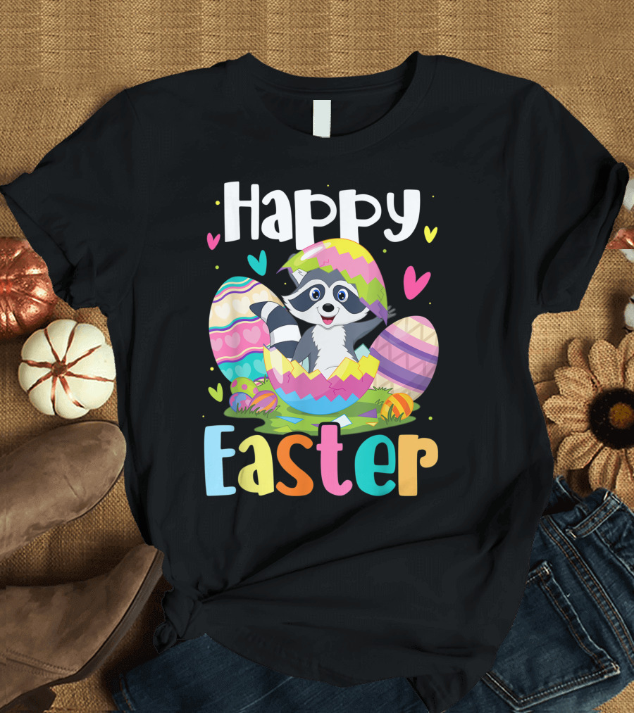 Happy Easter Bunny Raccoon in Colorful Eggs Hunt T-Shirt