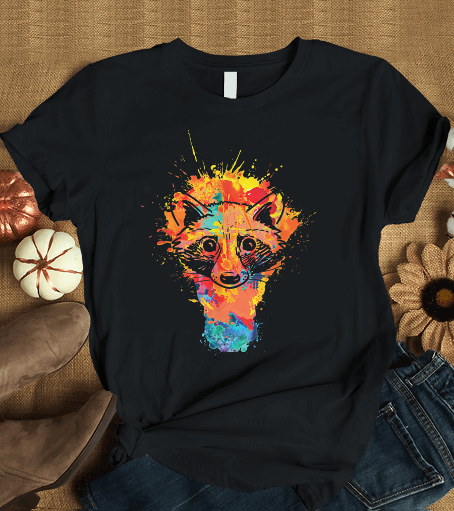 Illustrative Colorful Splash Watercolor Raccoon for Animal Lovers T-Shirt