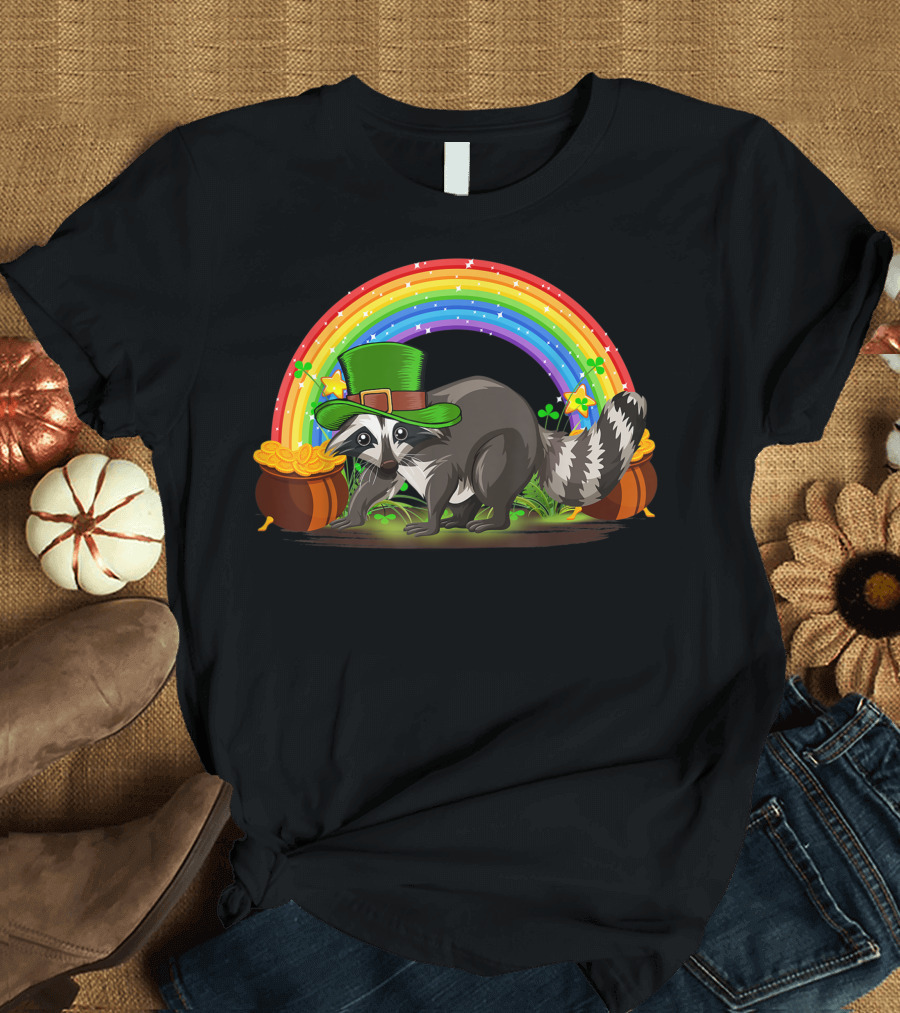 Irish Raccoon with Leprechaun Hat Under Rainbow and Pots of Gold T-Shirt