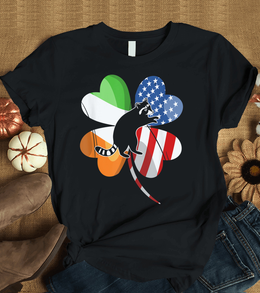 Irish USA Flag Clover Raccoon Lover St Patrick's Day T-Shirt