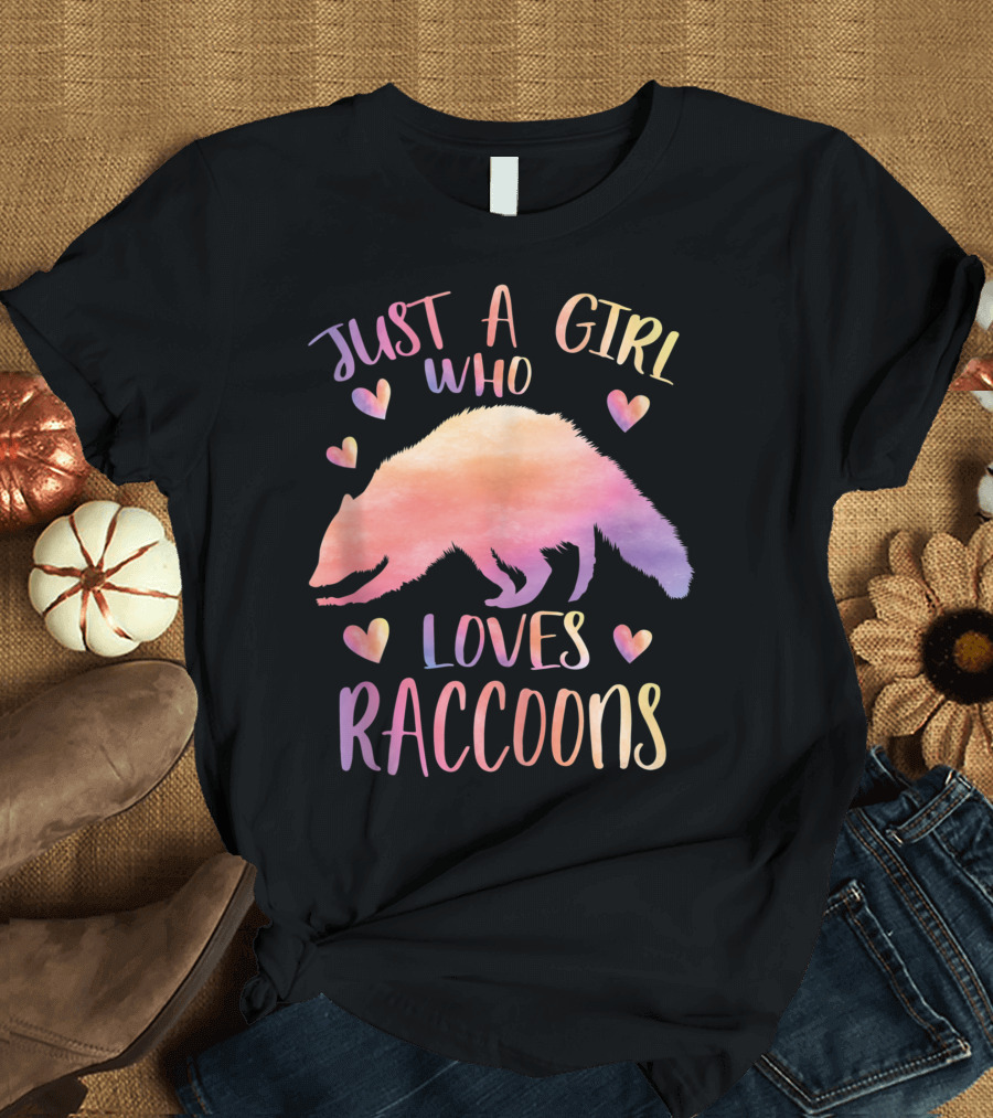 Just A Girl Who Loves Raccoons Colorful Watercolor Raccoon Hearts T-Shirt