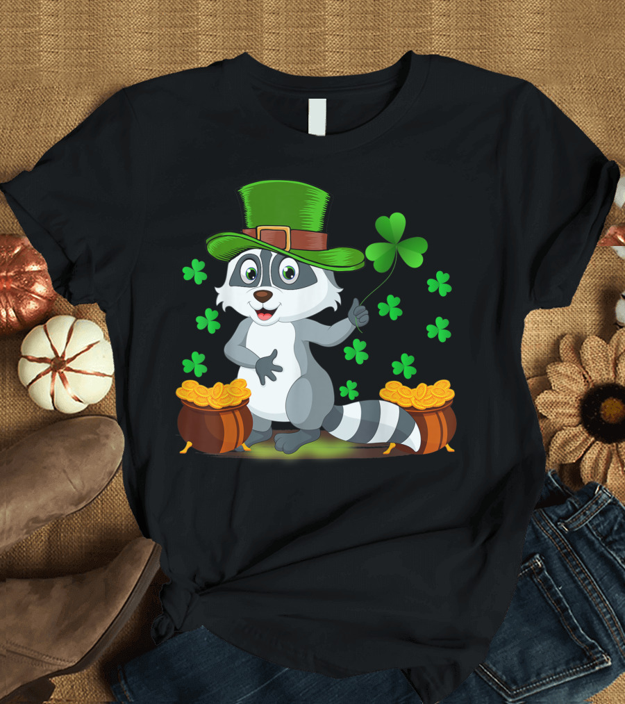 Leprechaun Raccoon St Patricks Day Shamrock Girls T-Shirt