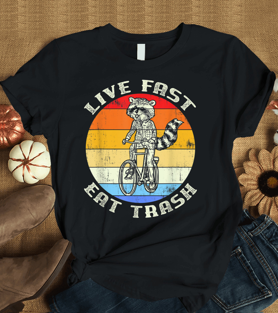 Live Fast Eat Trash Cute Cycling Raccoon Retro Sunset T-Shirt