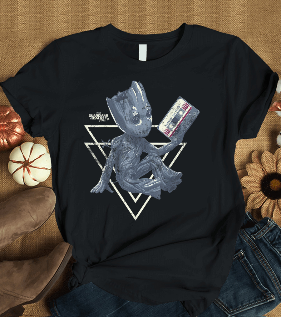 Marvel Guardians of the Galaxy Vol. 2 Groot Holding Cassette Tape Shape Triangles T-Shirt