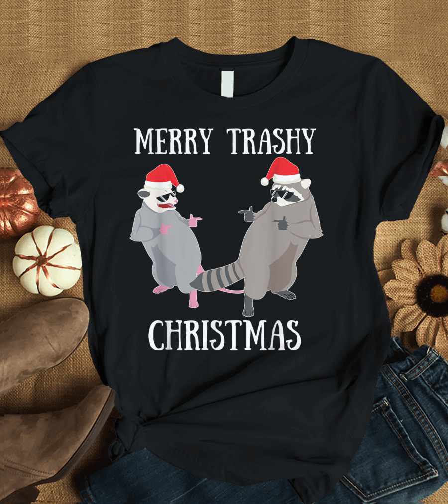 Merry Trashy Christmas Opossum Raccoon Santa Garbage Gang T-Shirt