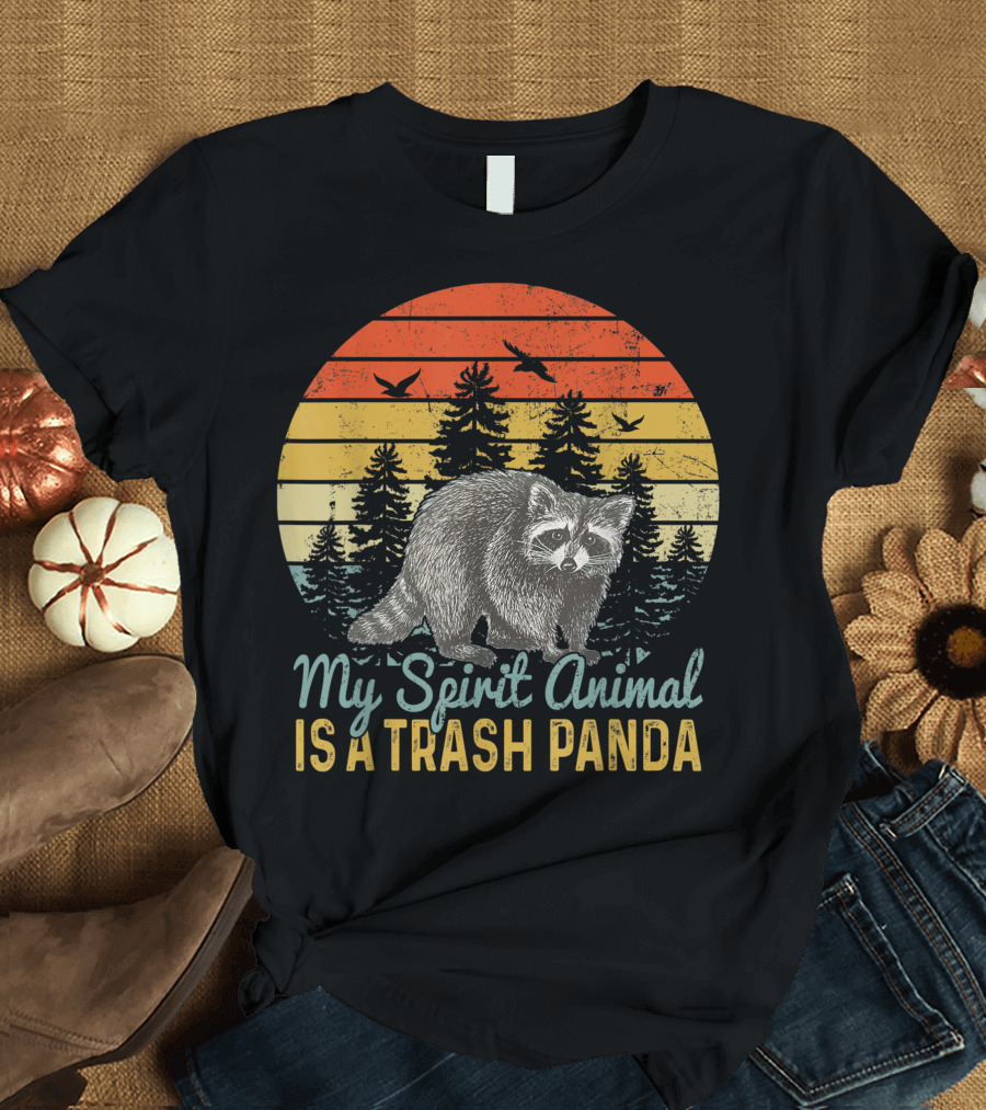 My Spirit Animal Is A Trash Panda Raccoon Vintage Sunset Forest Scene T-Shirt