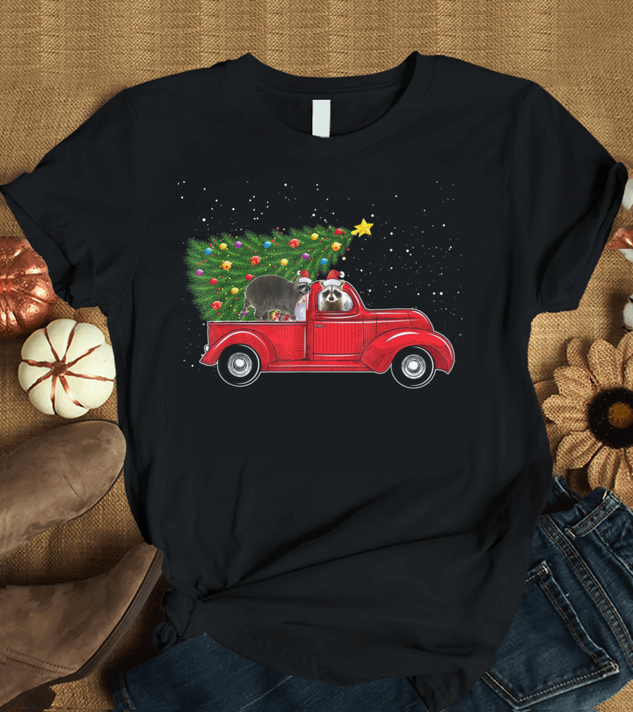 Raccoon Christmas On Red Car Truck with Xmas Tree and Star T-Shirt