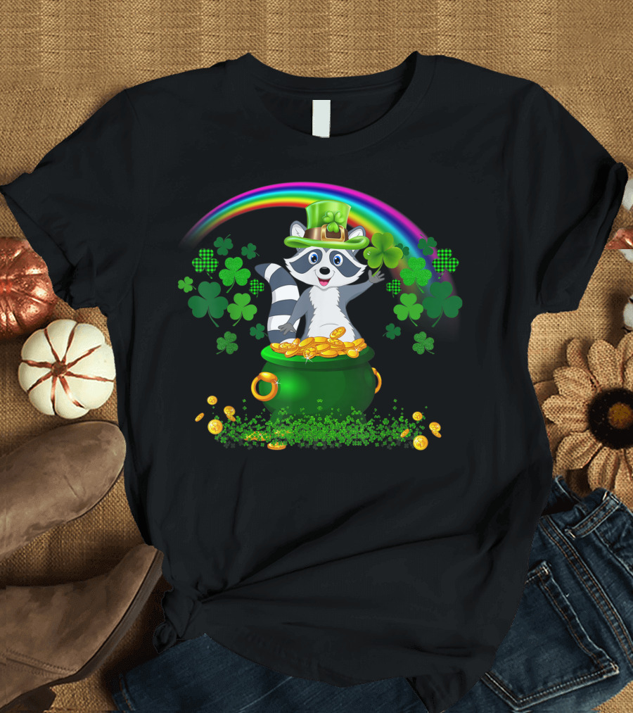 Raccoon with Shamrock Hat Holding Clover and Gold Coins by a Rainbow T-Shirt