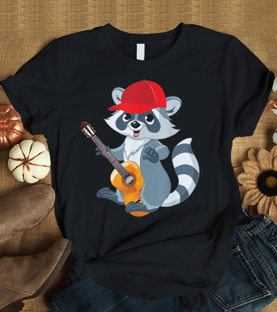 Raccoon Playing The Acoustic Guitar with Red Cap for Raccoon Lover Guitarist T-Shirt