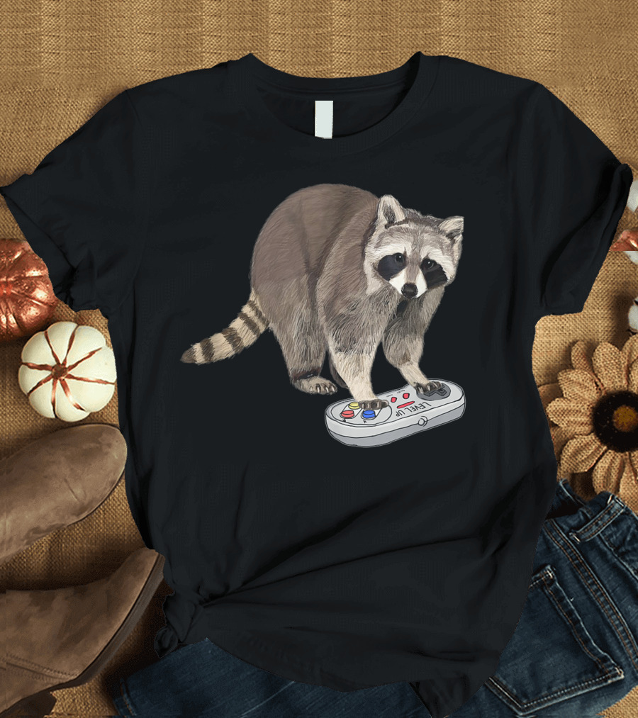 Raccoon Gamer Procyonidae Playing Game Controller Level Up T-Shirt
