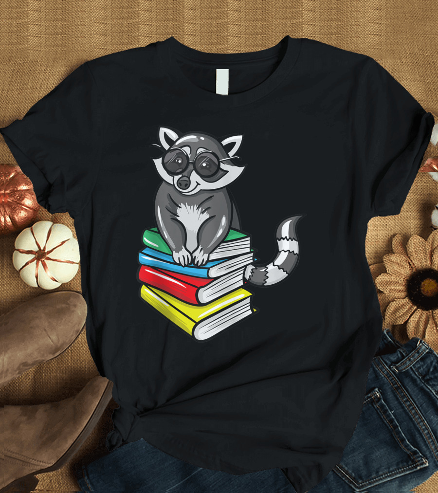 Raccoon Reading Book Lover Bookworm Librarian Cute Glasses Stack Colorful Books T-Shirt