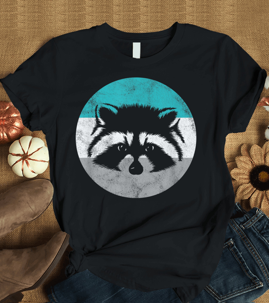Raccoon Face Circle Turquoise White Gray Stripes T-Shirt