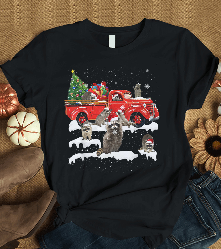Merry Christmas Raccoons Riding Red Truck with Santa Hats and Snowflakes T-Shirt