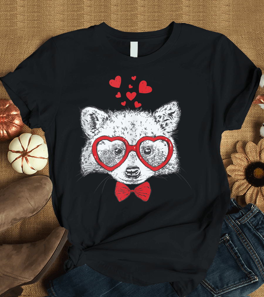 Cute Raccoon Heart Sunglasses Valentine Bow Tie Hearts T-Shirt