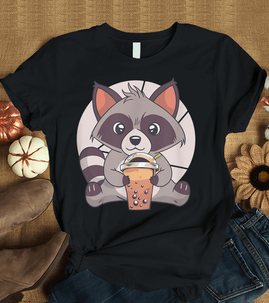 Raccoon Pearl Milk Tea Boba Bubble Tea Cute Character T-Shirt