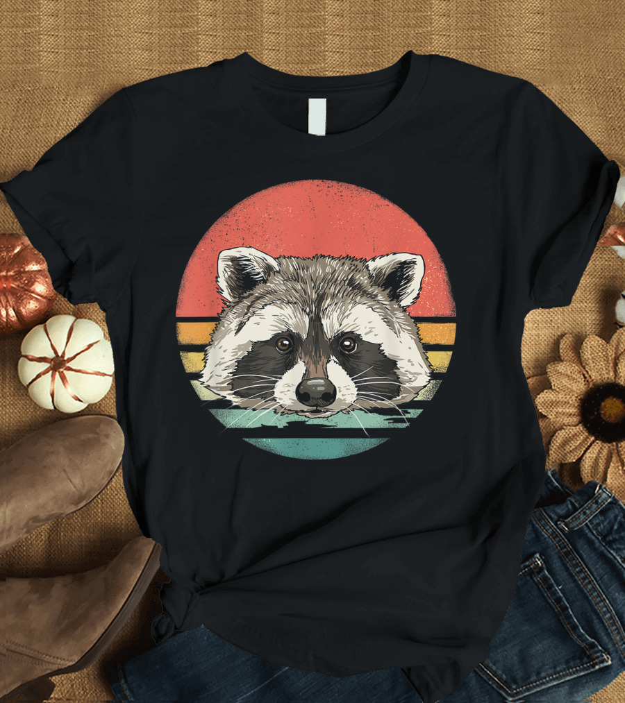 Retro 70s Vintage Raccoon Lover Sunset Stripes T-Shirt