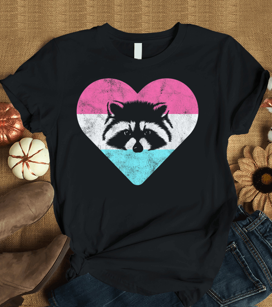 Retro Vintage Raccoon Heart Pansexual Flag T-Shirt