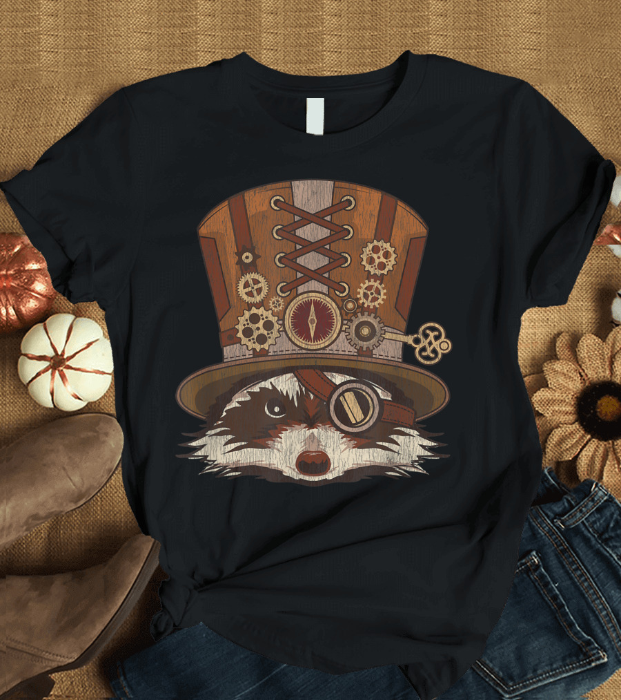 Steampunk Gear-Filled Raccoon Top Hat Adventure T-Shirt