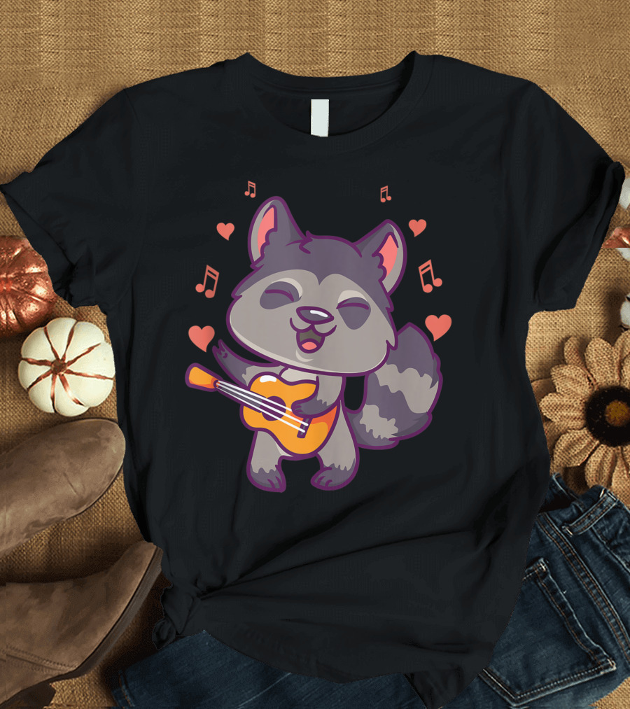Valentine Raccoon Playing Guitar Heart Music Love Singing Raccoon 6J T-Shirt