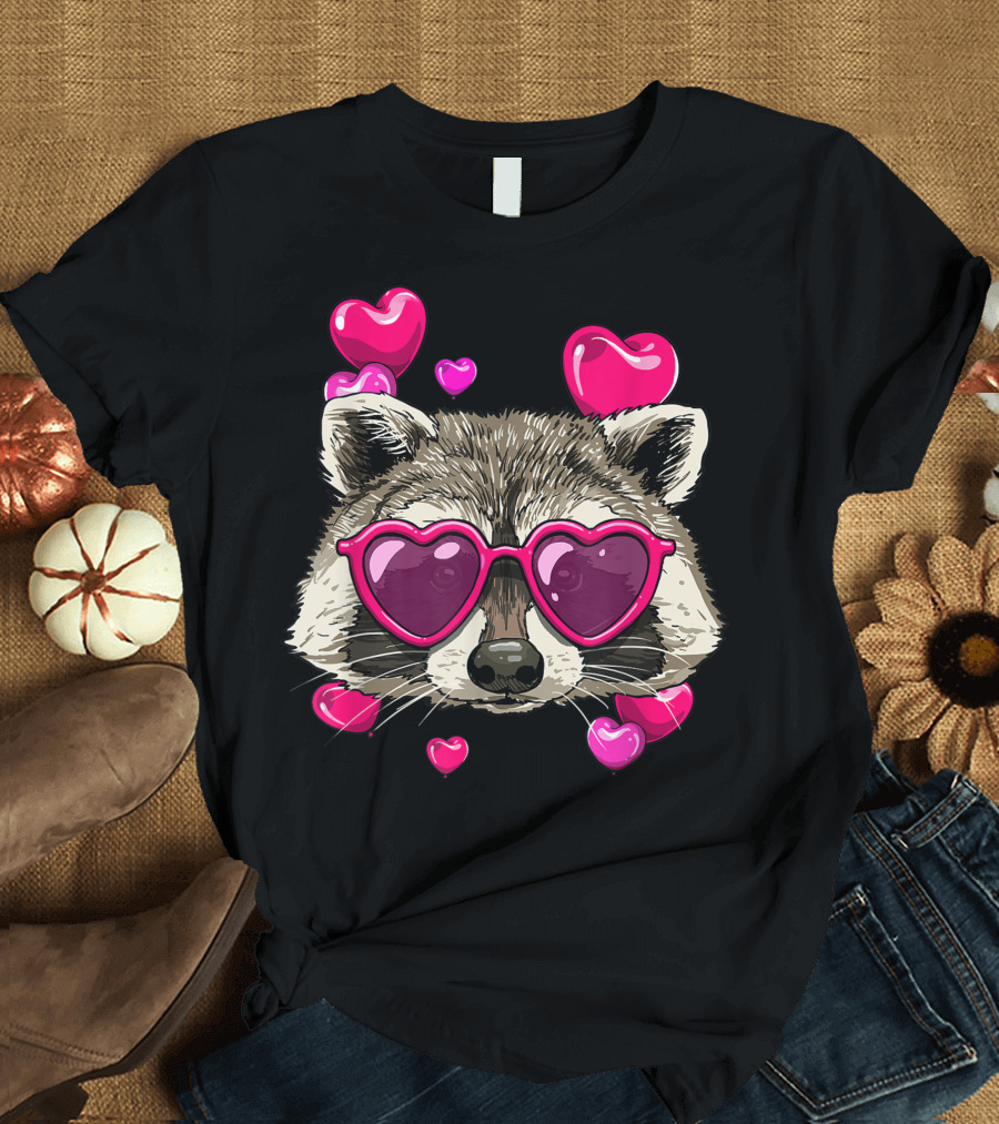 Valentines Day Raccoon Lover with Heart Sunglasses and Pink Hearts T-Shirt